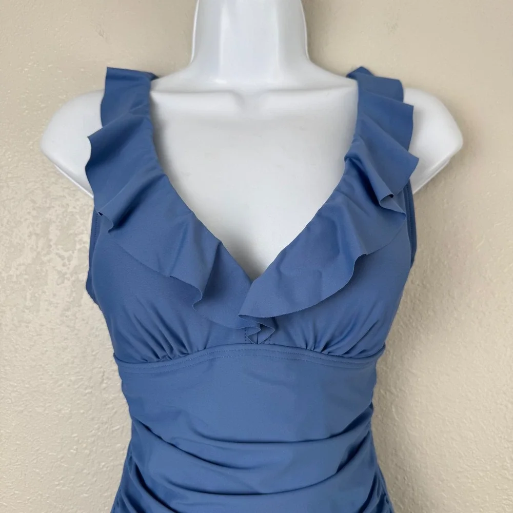 DKNY Blue Ruffle V-Neck Ruched One Piece Swimsuit Slimming Scoop Back S - Picture 3 of 8
